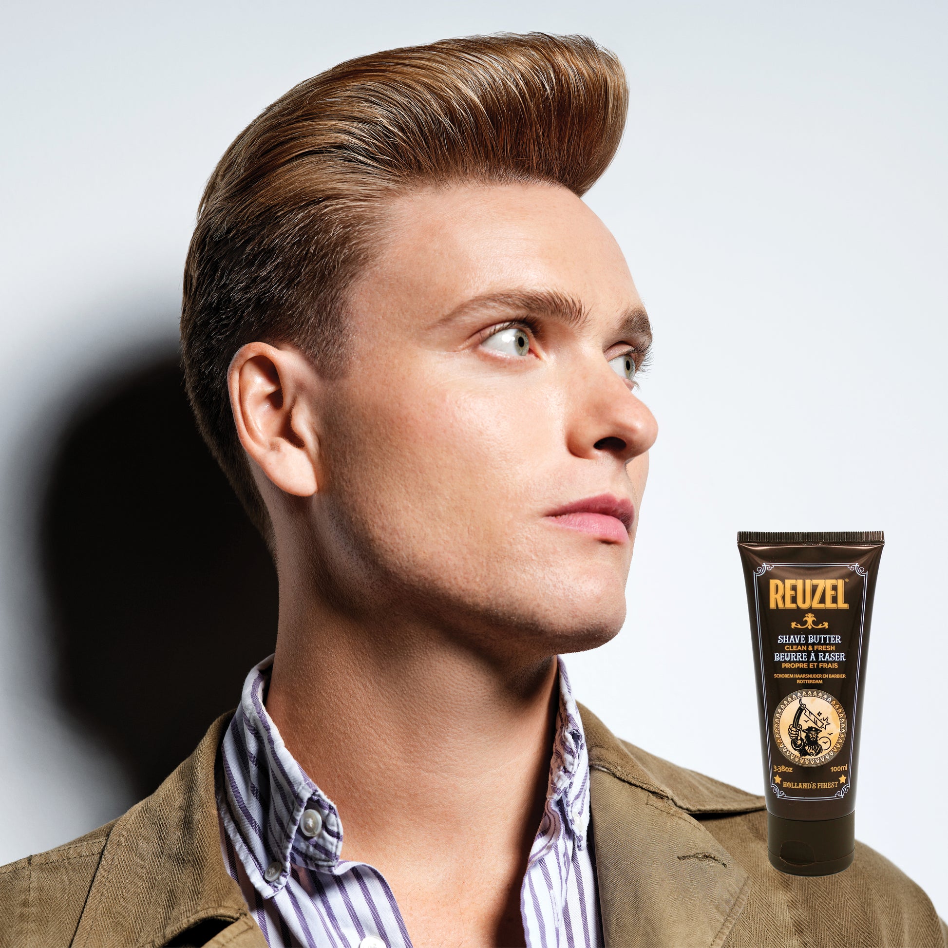 Reuzel Clean & Fresh Shave Butter in a jar, smooth texture for a close, comfortable shave, beard grooming product.