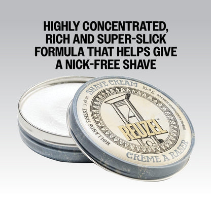 Reuzel beard shave cream in a jar, showing creamy texture and packaging, part of beard grooming products.