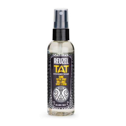 Reuzel TAT Shine Tattoo Spray bottle with spray nozzle, tattoo aftercare product for shiny, healthy tattoos.