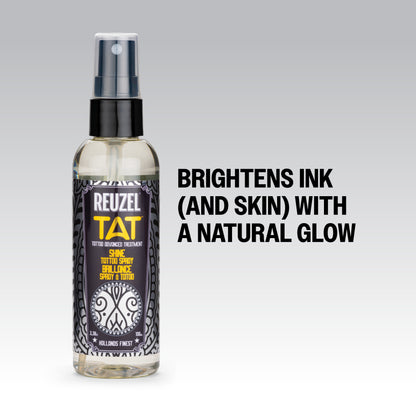 Reuzel TAT Shine Tattoo Spray for aftercare, featuring a sleek bottle with a spray nozzle, used for tattoo shine and hydration.