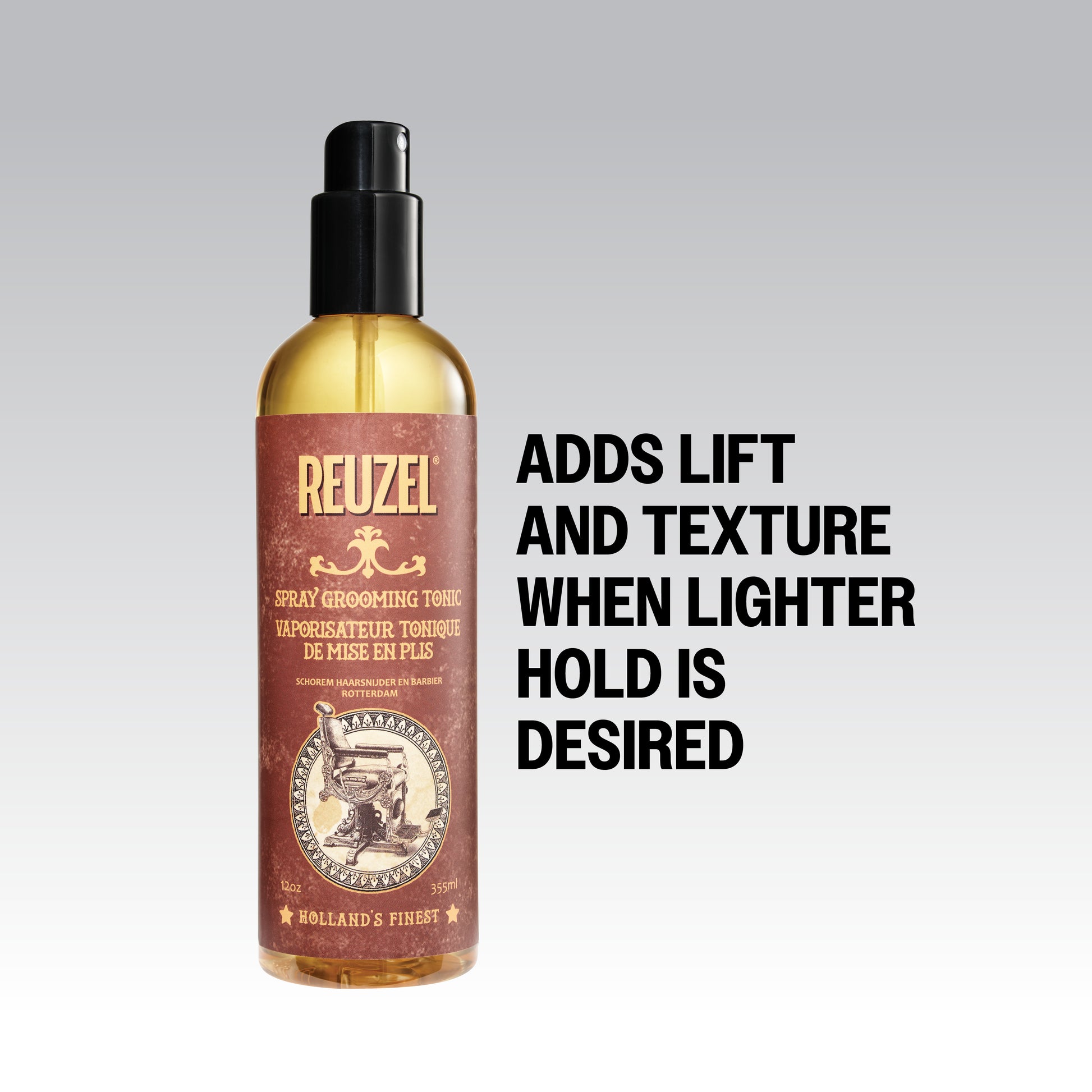 Reuzel Spray Grooming Tonic for hair, featuring a spray bottle with the tonic visible inside, designed for styling and grooming.
