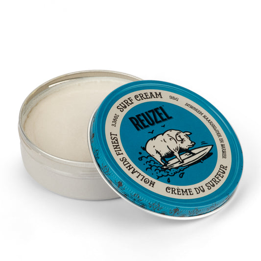 Reuzel Surf Cream pomade jar with textured label, showing a creamy styling product for surf-inspired hairstyles.