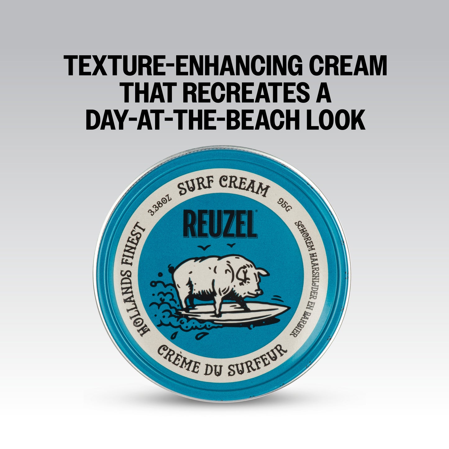 Reuzel Surf Cream pomade jar with textured label and black lid, showing the product's packaging and branding.