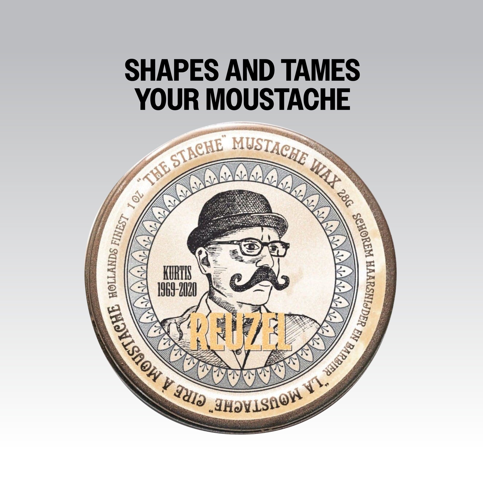 Reuzel The Stache Mustache Wax in a small tin, designed for shaping and controlling mustaches with natural beard products.