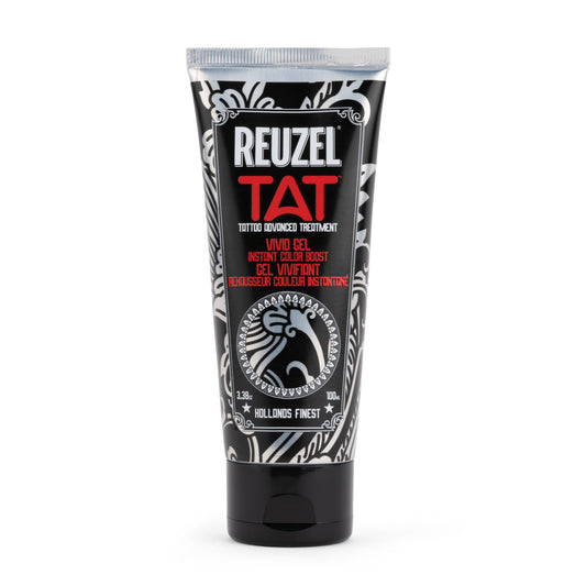 Reuzel TAT Vivid Gel tattoo aftercare product in a clear jar, designed to soothe and protect fresh tattoos.