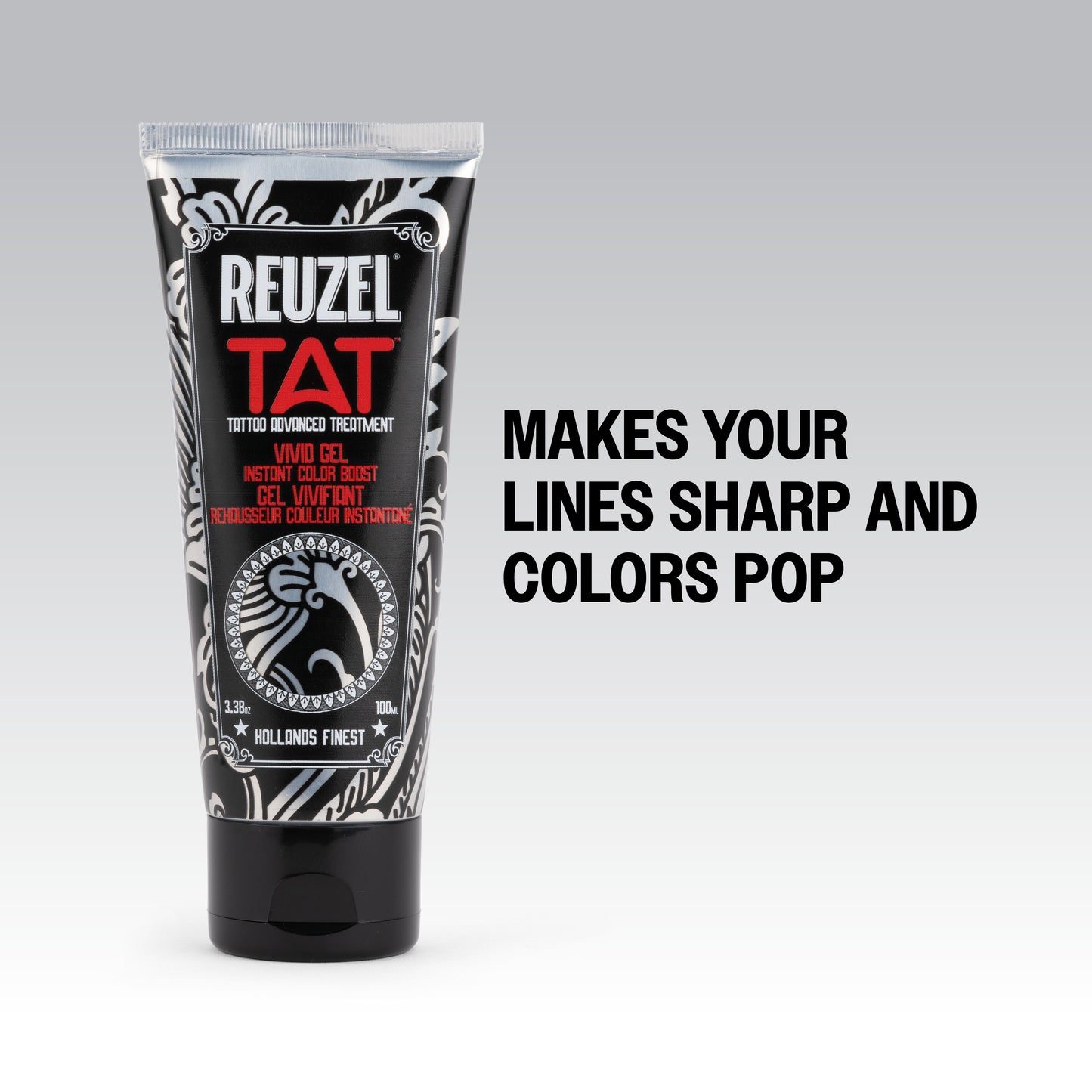 Reuzel TAT Vivid Gel tattoo aftercare product in a clear container with a white cap, designed for tattoo healing.