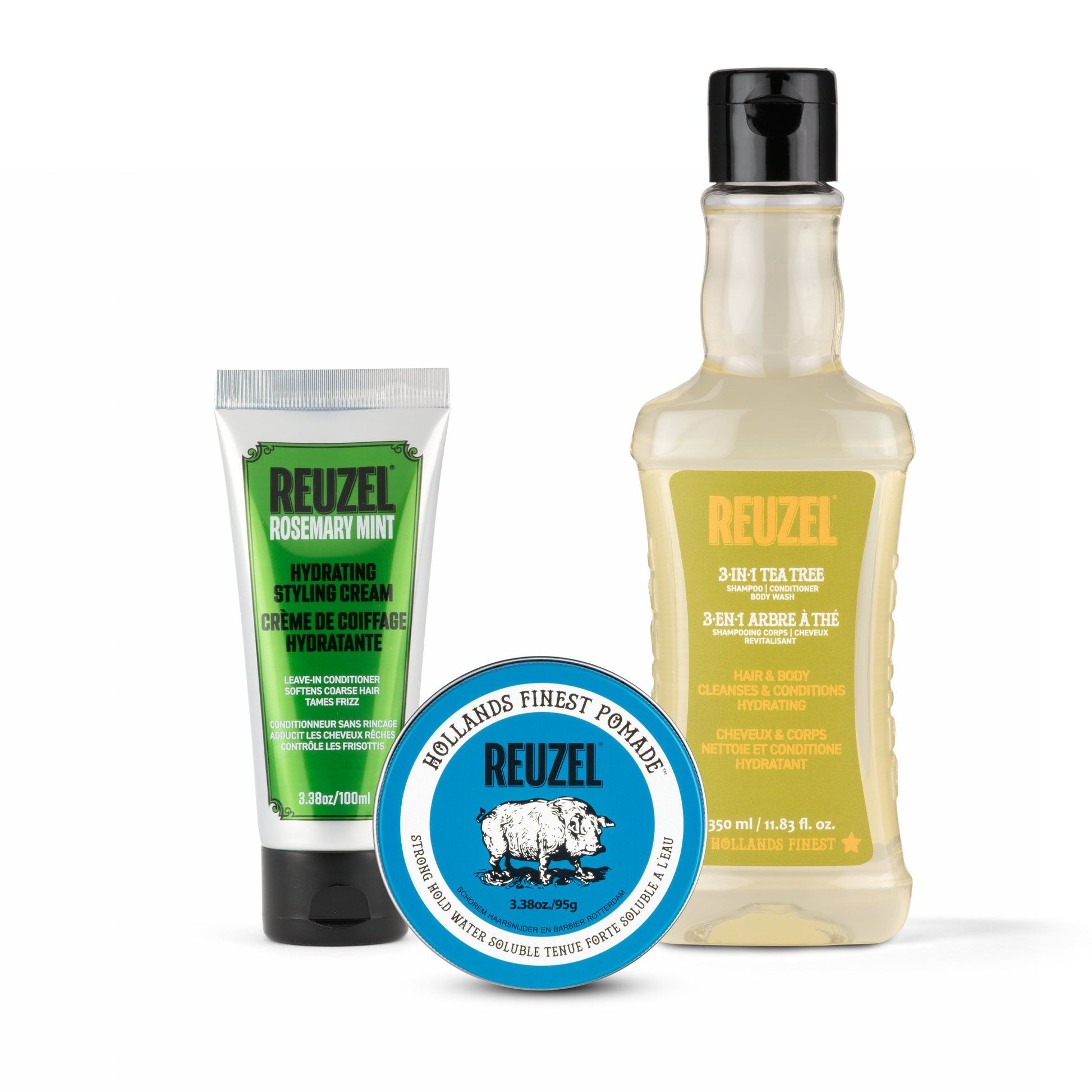 Reuzel Europe textured hair care bundle featuring styling products for textured hair, includes creams, pomades, and styling tools.