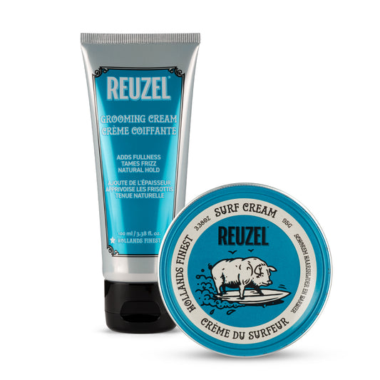 Reuzel Europe Surf and Grooming Cream bundle with styling creams in containers, ideal for textured and beachy hair styles.