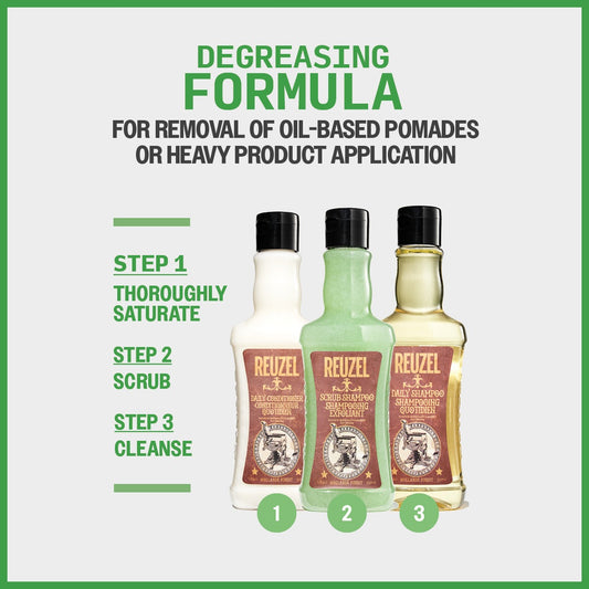 Reuzel Europe shampoo trio bundle featuring three bottles of degreasing hair care shampoo with sleek packaging.