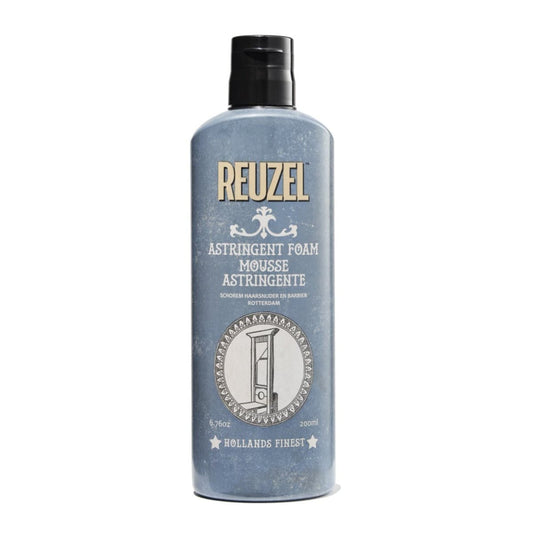 Reuzel beard astringent foam mousse in a white container, showing the foam texture and product label.