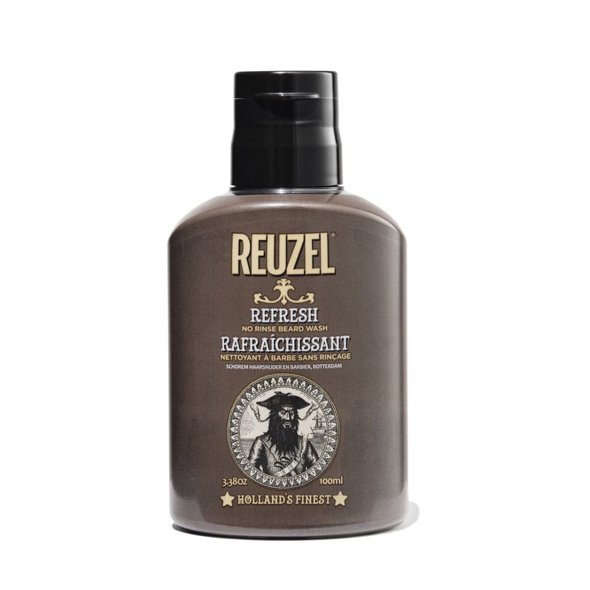 Reuzel Refresh No Rinse Beard Wash bottle, 100ml, with a clear label and black cap, designed for cleaning and refreshing beards.