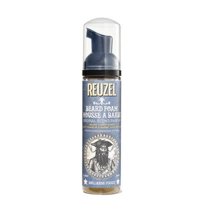 Reuzel beard foam in a pump bottle, showing a close-up of the grooming product for beard care and styling.