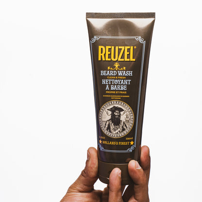 Reuzel Clean & Fresh Beard Wash bottle with label, showing a beard grooming product for clean, refreshed facial hair.