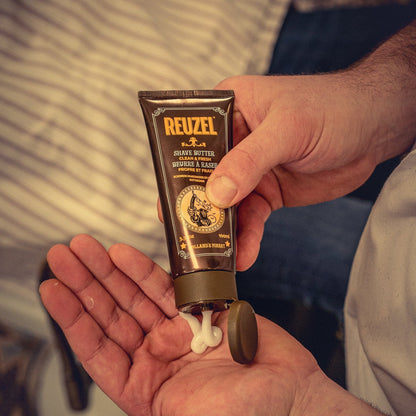 Reuzel Clean & Fresh Shave Butter for beard grooming, smooth texture and fresh scent in a grooming product jar.