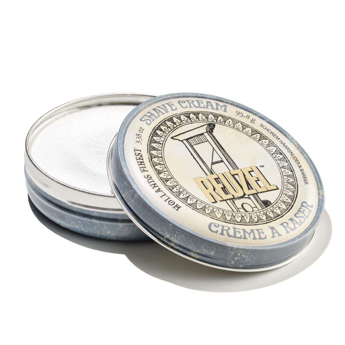 Reuzel shave cream for beard grooming, smooth texture, and close shave, shown in a jar with a creamy consistency.