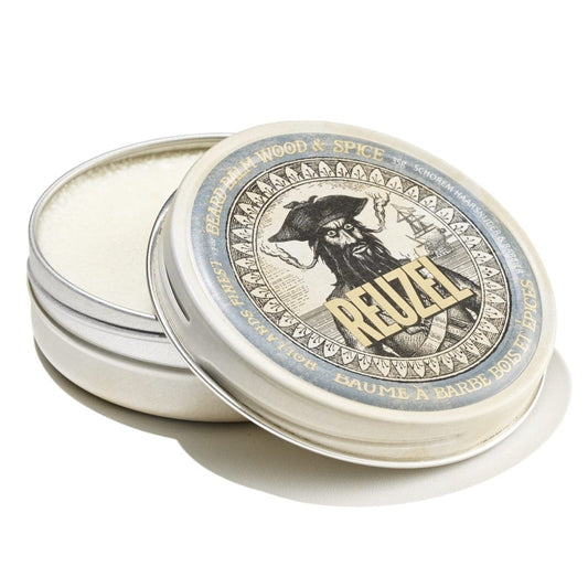 Reuzel Beard Balm in Wood & Spice scent, featuring a container of beard grooming product with natural ingredients and branding.