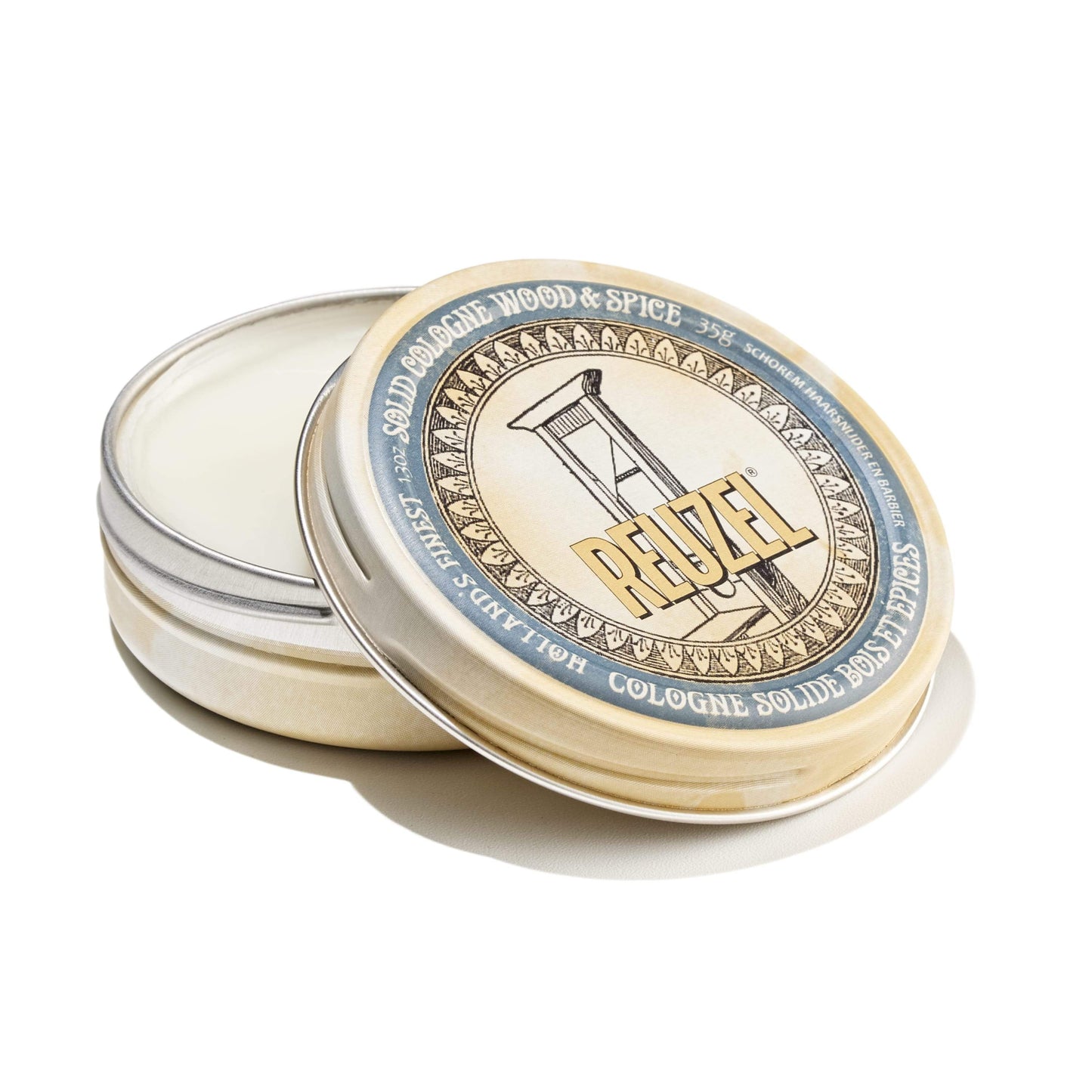 Reuzel Wood & Spice Solid Cologne Balm for beard care, with natural wood and spicy scent in a compact balm form.