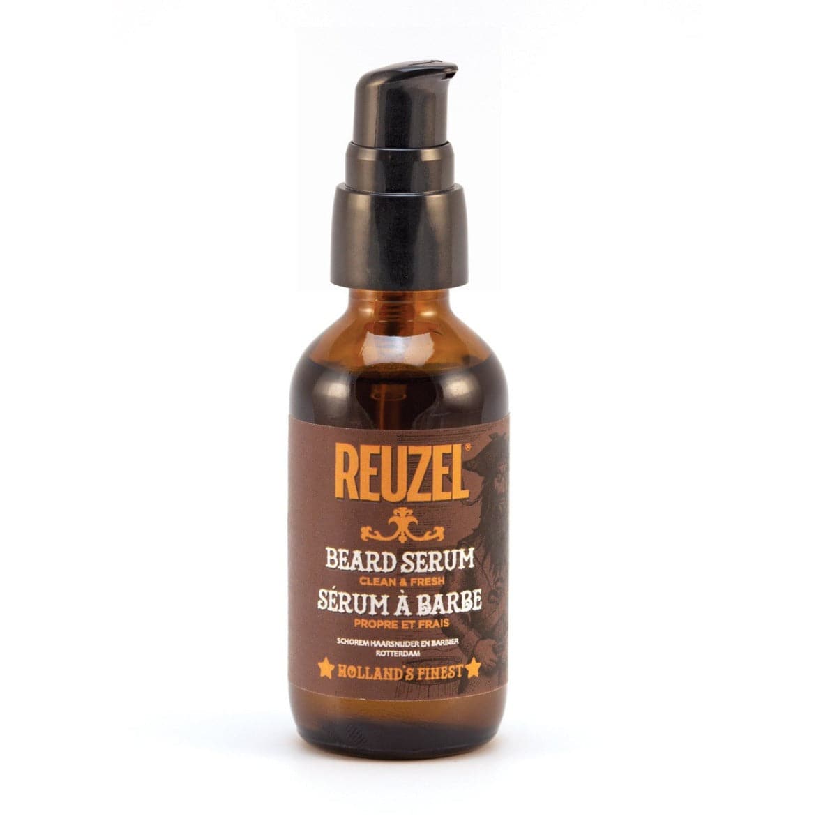 Reuzel beard oil in a clear bottle with dropper, designed for clean, fresh beard serum, showcasing grooming care for men.