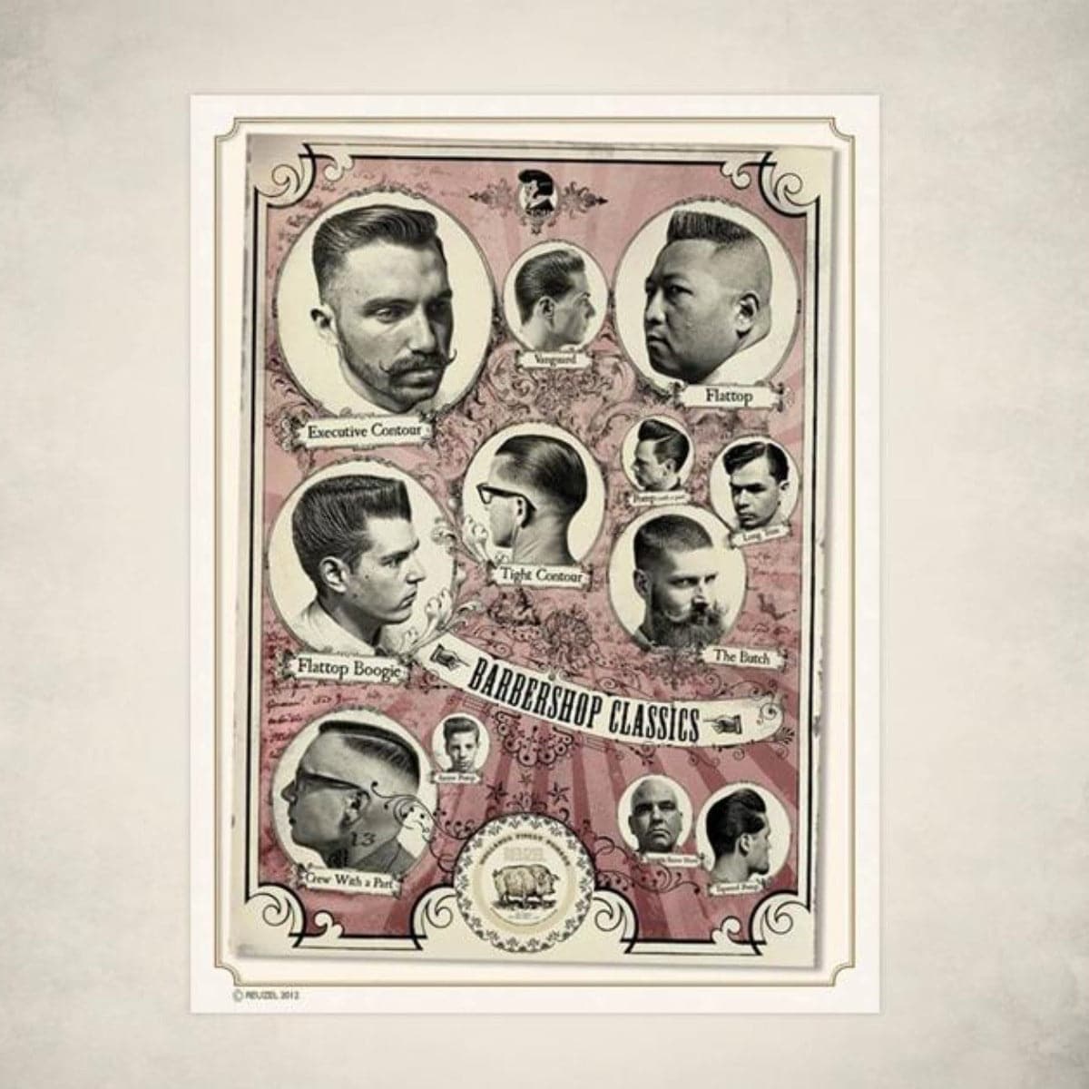 Reuzel Germany Barbershop Classics poster featuring vintage barber tools and classic grooming imagery for wall decor.