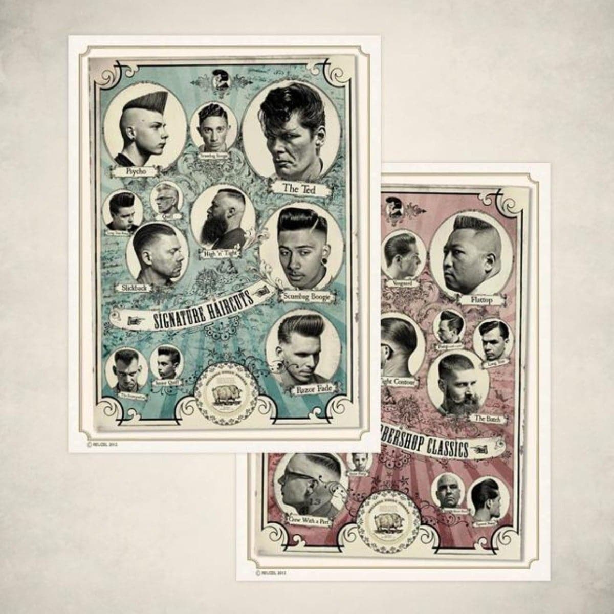 Reuzel Germany Barbershop Classics poster set featuring vintage-inspired graphics for barber shop decor.