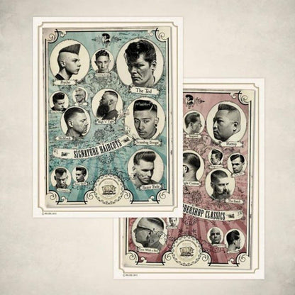 Reuzel Germany Barbershop Classics poster set featuring vintage-inspired graphics for barber shop decor.