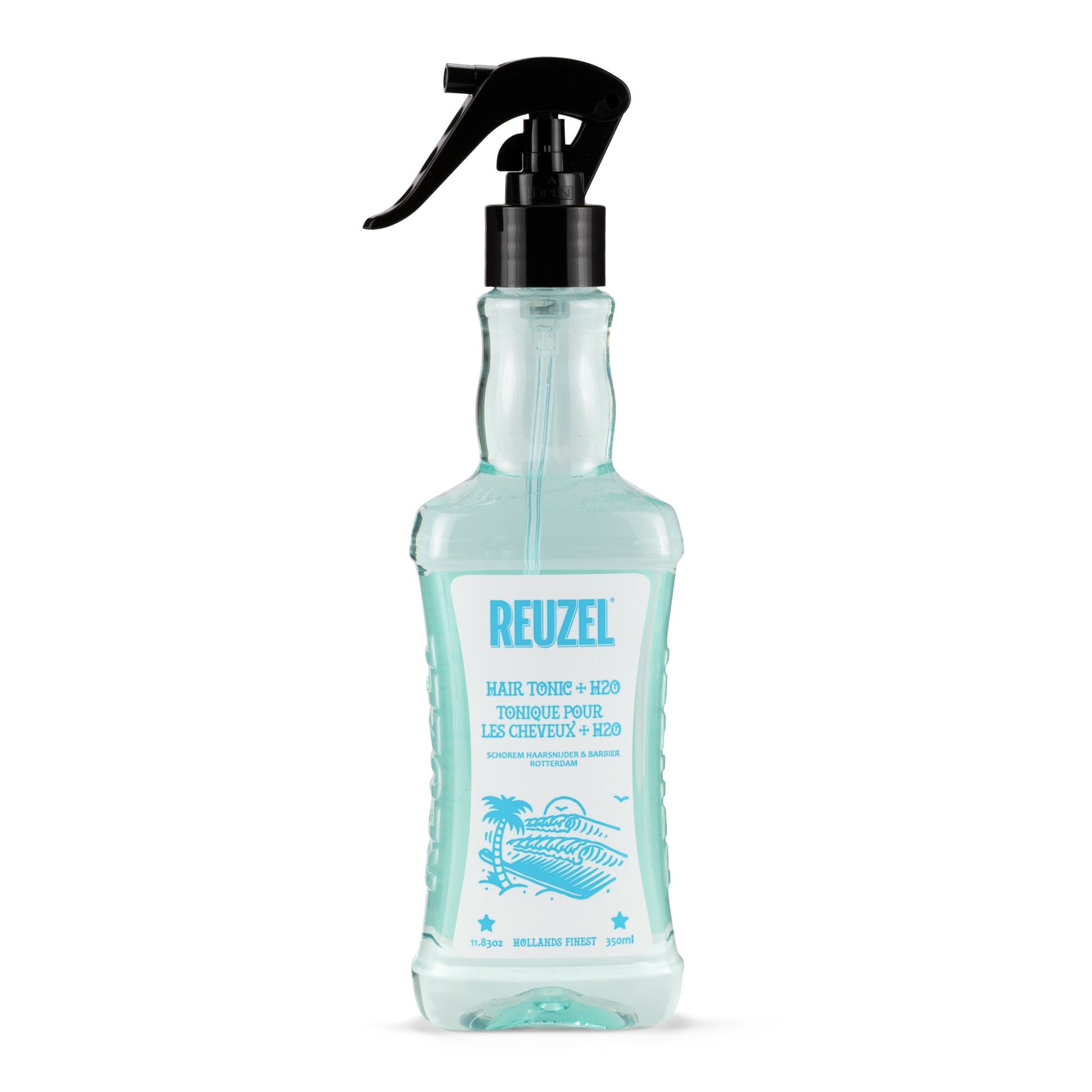 Reuzel Germany spray bottle with red cap and label, filled with hair styling product, part of Reuzel grooming merchandise.