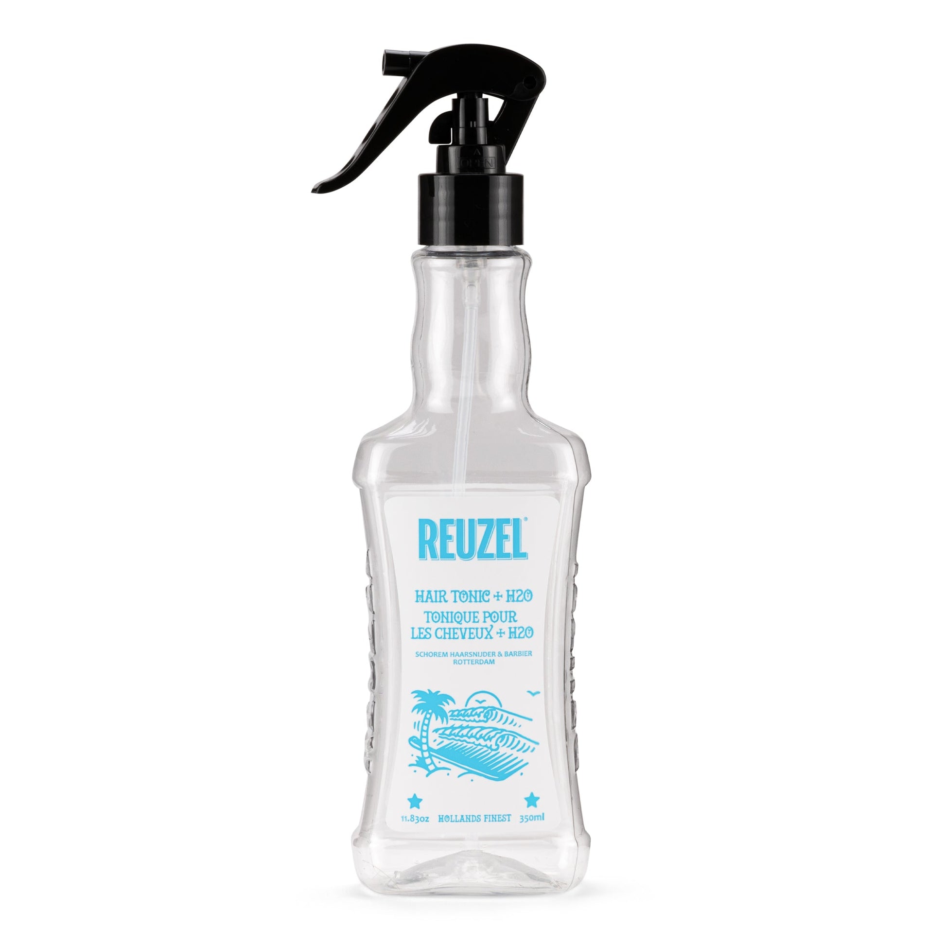 Empty Reuzel Germany spray bottle for hair styling, featuring a sleek design and durable plastic construction.