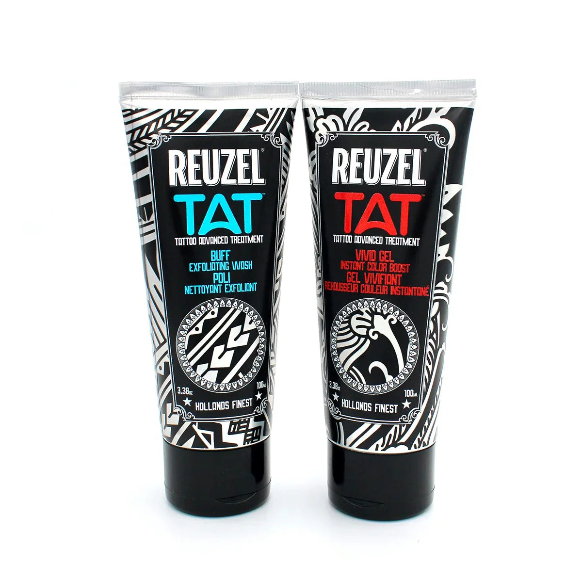 Reuzel Germany TAT Duo exfoliating wash and vivid gel for tattoo aftercare, displayed in a natural setting with the products side by side.