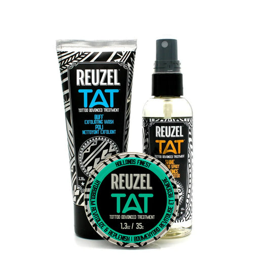 Reuzel Germany TAT Trio tattoo aftercare products including Hydrabalm, BUFF exfoliating wash, and SHINE tattoo spray on a white background.