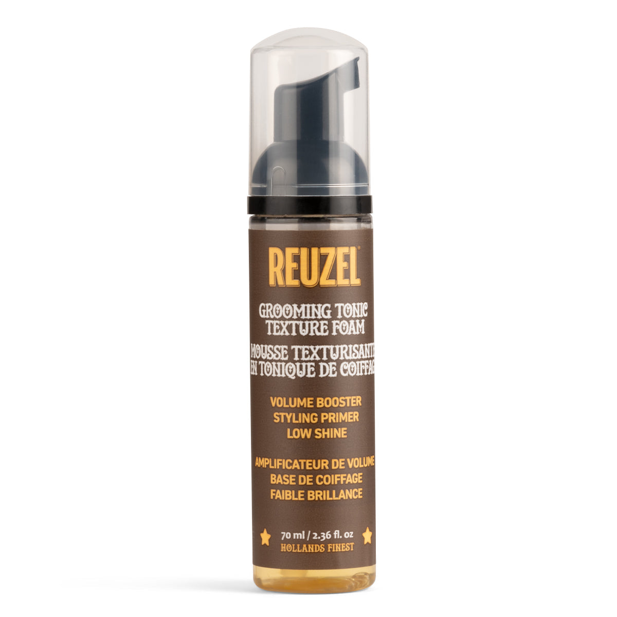 Reuzel Grooming Tonic Texture Foam for hair styling, showing the foam in a styling container with hair texture demonstration.