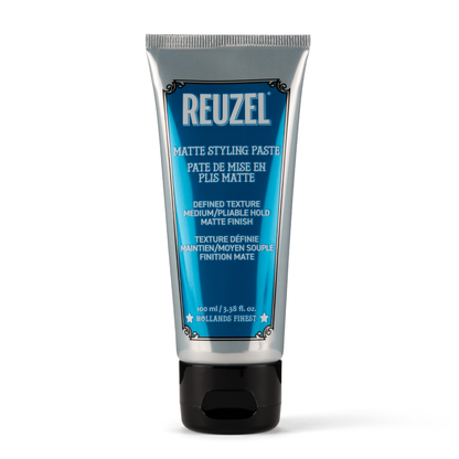 Reuzel Matte Styling Paste for hair styling, showing a jar of matte finish hair paste with a black lid and label.