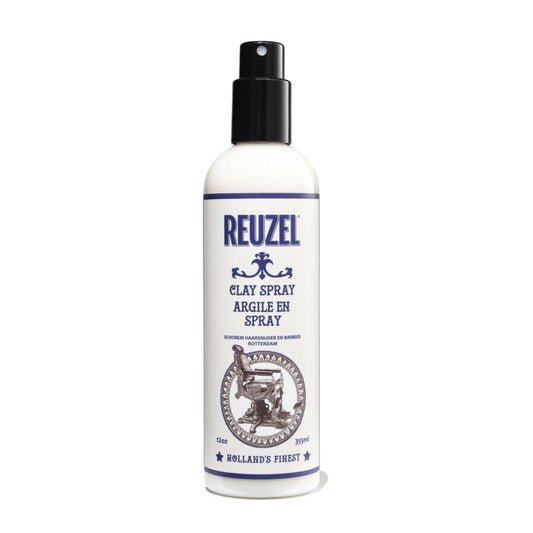 Reuzel clay spray for hair styling, featuring a spray bottle with textured clay product ideal for shaping and adding matte finish.