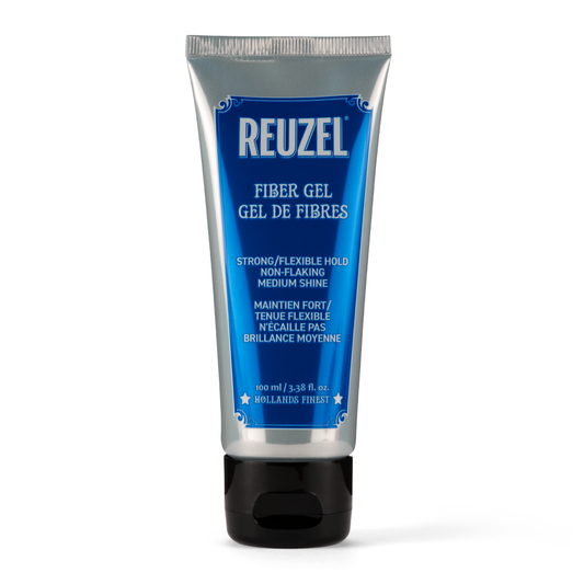 Reuzel Fiber Gel hair styling product in a jar, showcasing thickening and strong hold qualities for textured hairstyles.