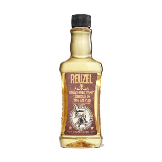 Reuzel grooming tonic in a bottle, hair tonic product for styling and hair care, with a clear label and cap.