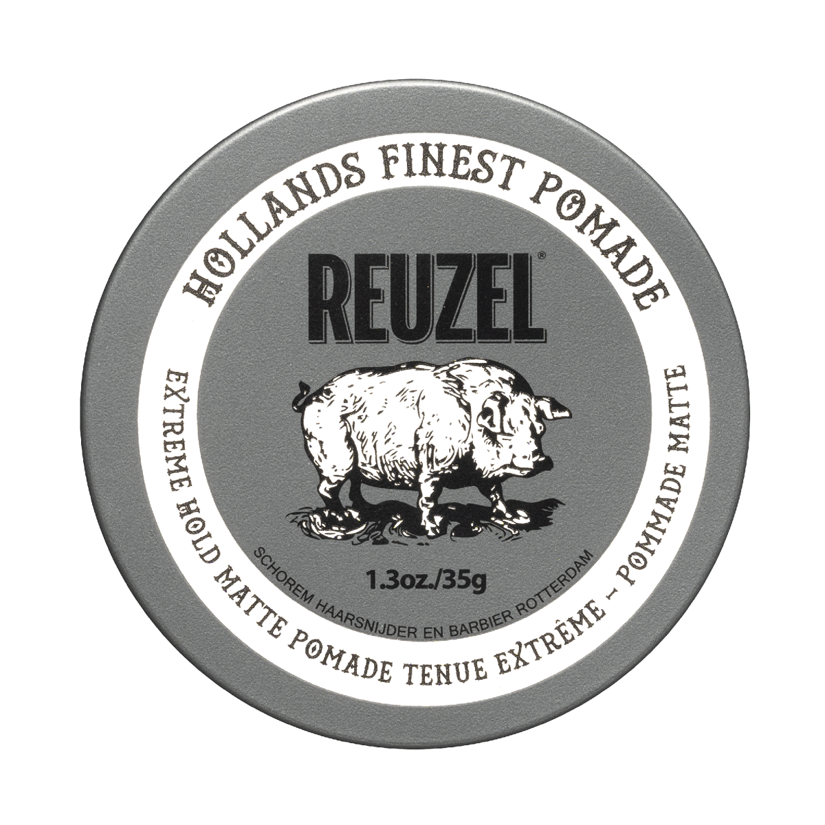 Reuzel Extreme Hold Matte Pomade jar with black lid and label, showing the product's matte finish and branding.