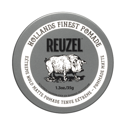 Reuzel Extreme Hold Matte Pomade jar with black lid and label, showing the product's matte finish and branding.