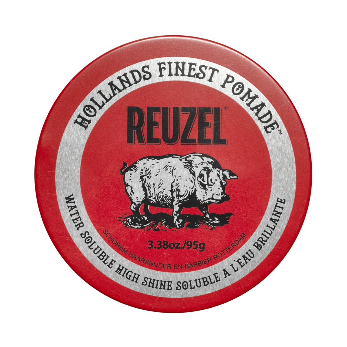 Red Reuzel pomade jar with a white lid and label, showcasing the classic styling product for hair grooming.