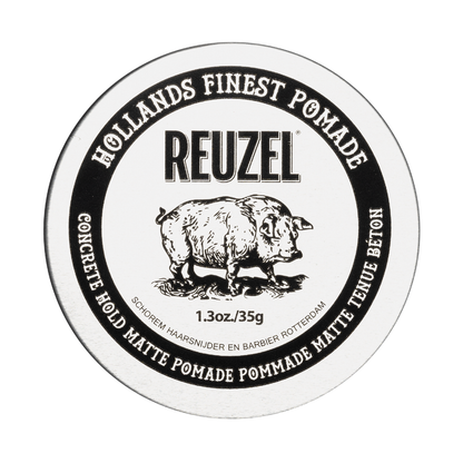 Reuzel Concrete Hold Matte Pomade jar with black label and product name, showcasing the matte finish and product packaging.