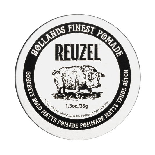 Reuzel Concrete Hold Matte Pomade jar with black label and product name, showcasing the matte finish and product packaging.