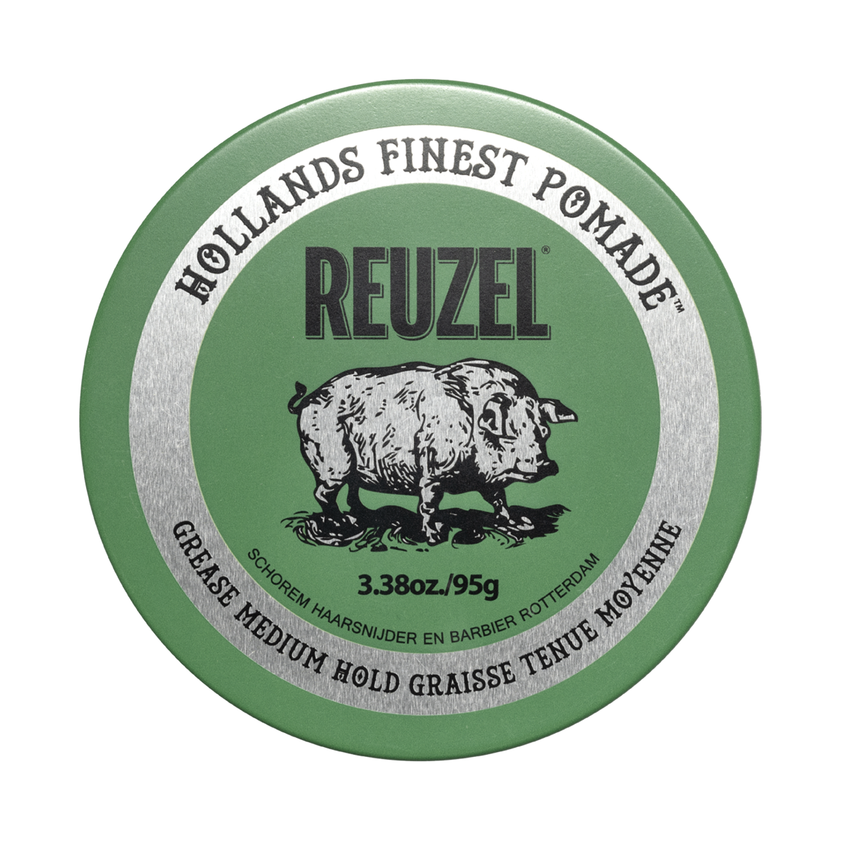 Reuzel Green Pomade grease jar with label, showcasing a vibrant green container for classic hairstyling and hair grooming.