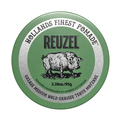 Reuzel Green Pomade grease jar with label, showcasing a vibrant green container for classic hairstyling and hair grooming.