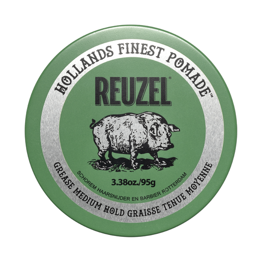 Reuzel Green Pomade grease jar with label, showcasing a vibrant green container for classic hairstyling and hair grooming.