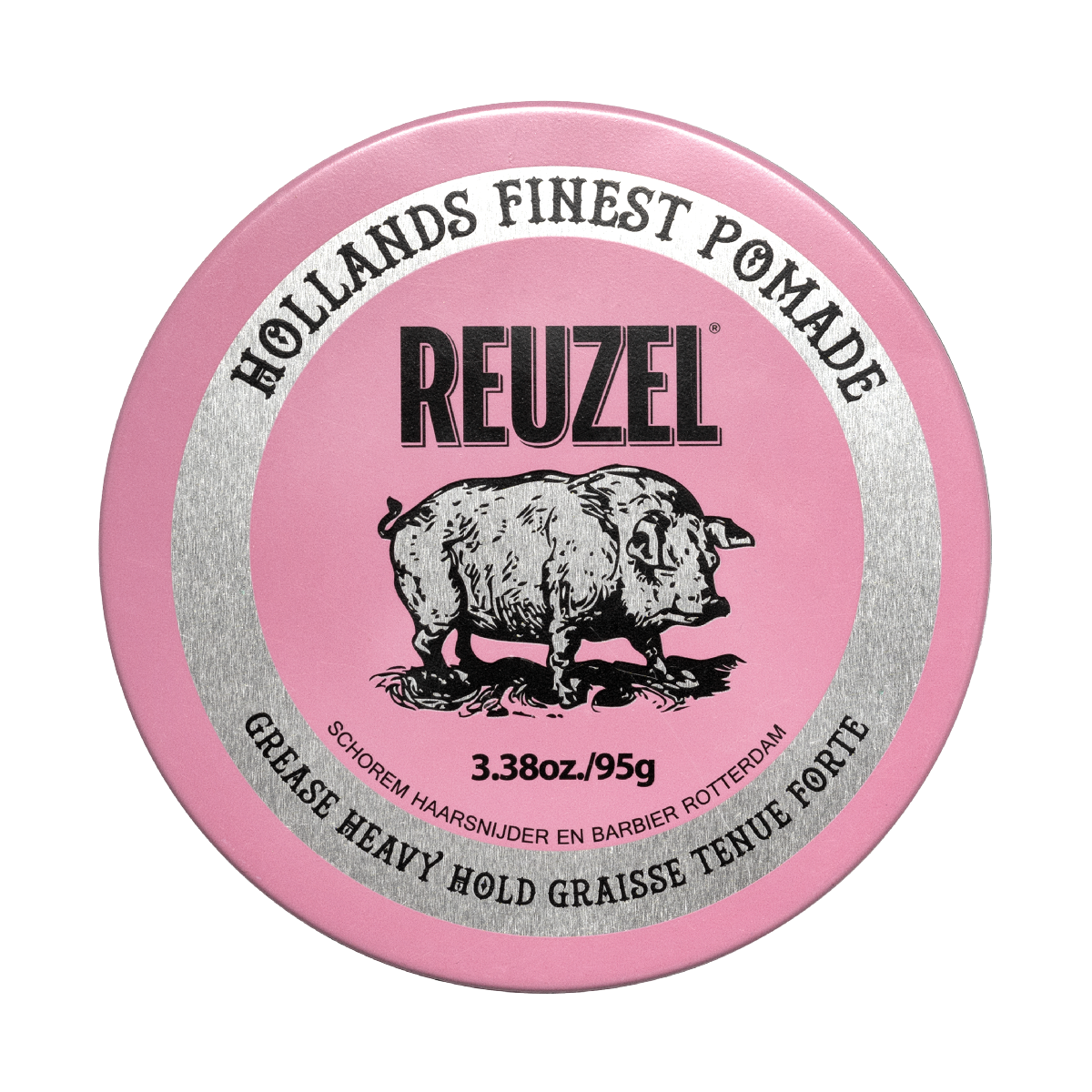 Pink Reuzel Pomade grease jar with bright pink lid and label, showcasing the classic styling product for hair grooming.