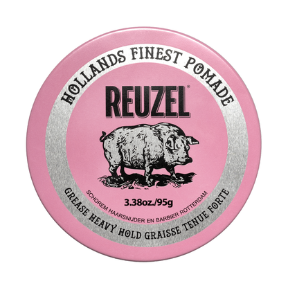 Pink Reuzel Pomade grease jar with bright pink lid and label, showcasing the classic styling product for hair grooming.