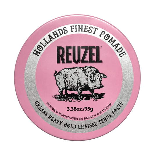 Pink Reuzel Pomade grease jar with bright pink lid and label, showcasing the classic styling product for hair grooming.