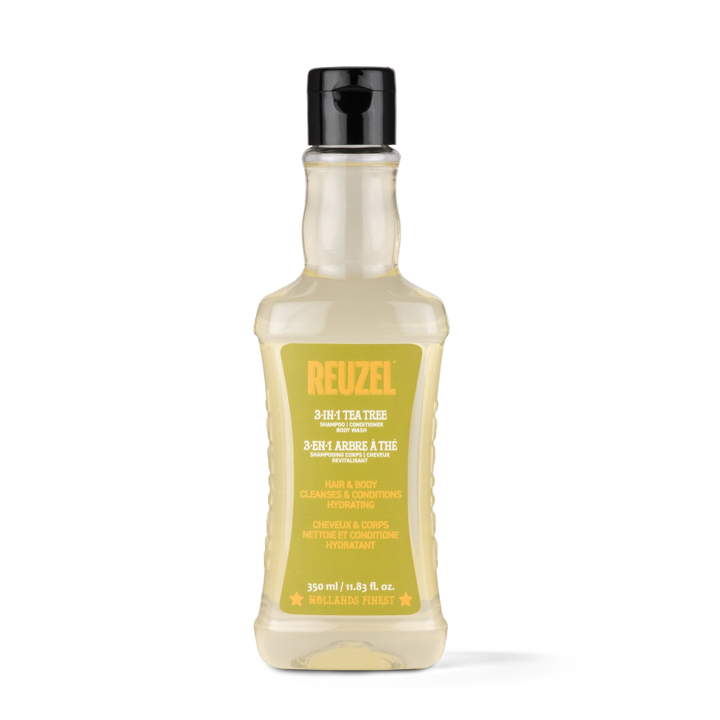 Reuzel 3 in 1 shampoo, conditioner and body wash bottle with label and pump dispenser for versatile hair and body cleansing.