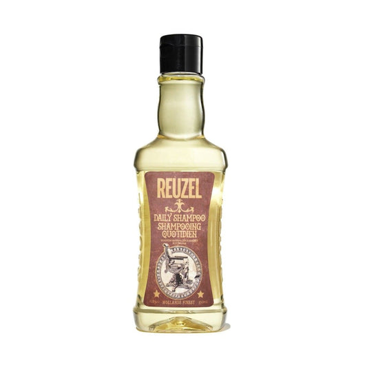 Reuzel Daily Shampoo bottle with white label and blue accents, designed for cleansing hair and scalp.