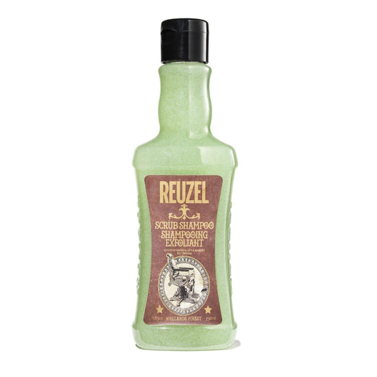 Reuzel Scrub Shampoo in a bottle, showing the label and product details, designed for scalp cleansing and hair care.