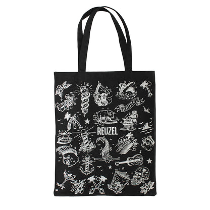 Reuzel Limited Tote Bag with holiday print, featuring durable fabric and casual style, branded with REUZEL UK logo.