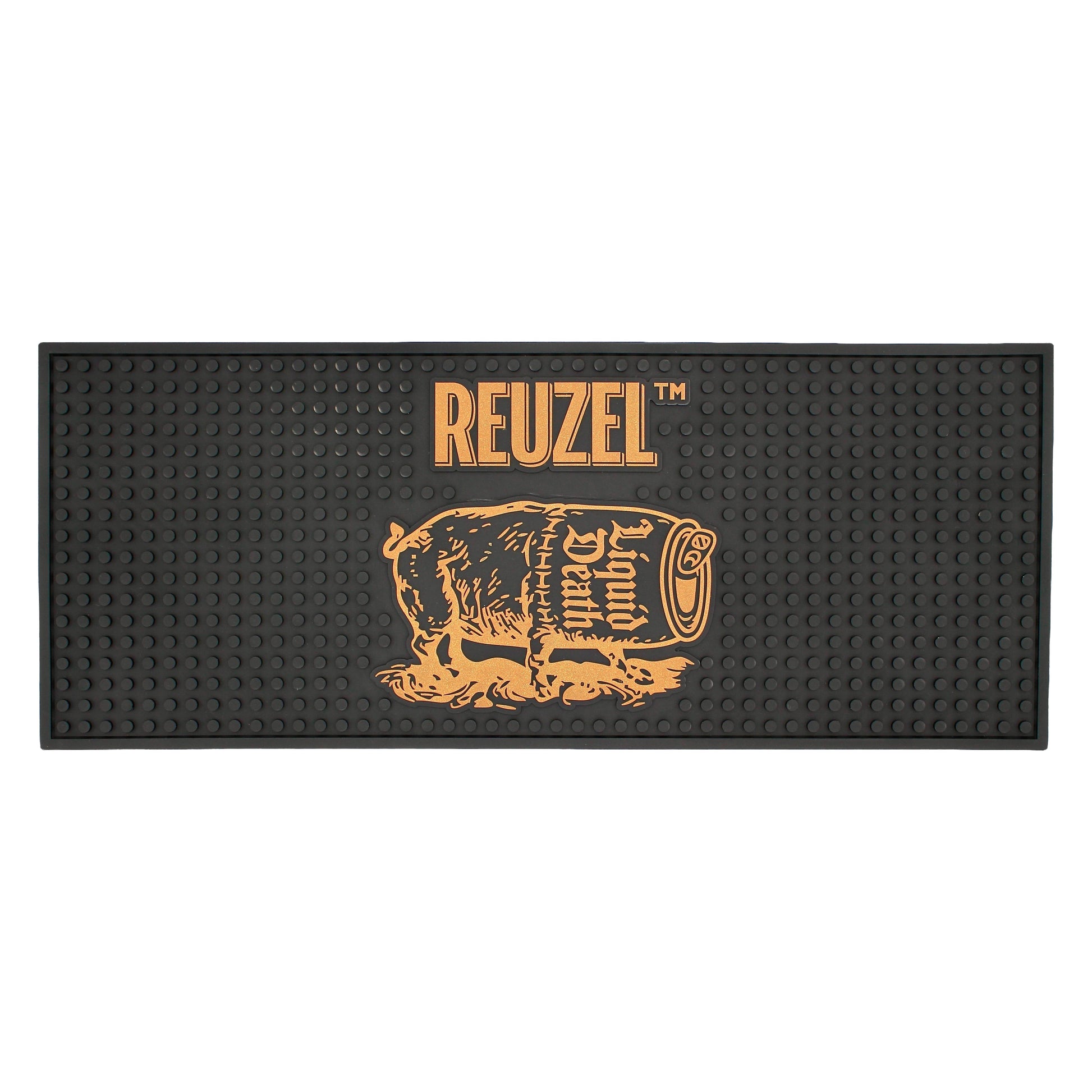 Reuzel Liquid Death barber mat featuring a severed head design, made by REUZEL UK for professional grooming and barber use.